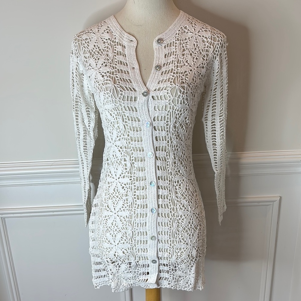 White Crochet Button-Up Coverup